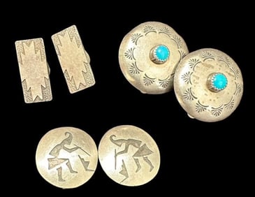 Native American Sterling Clip on Earrings Lot of Three