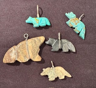 Lot of Five Zuni Wolf and Bear Pendant Fetishes