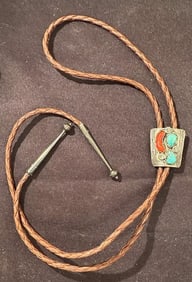 Native American Navajo Bolo Tie coral, Turquoise and sterling silver signed