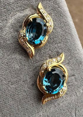 14K Gold and Blue Sapphire and Diamond Pierced Earrings