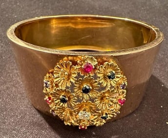 14K and 10K Gold Cuff Bracelet With Diamond, Ruby, Sapphire, Citrine Gemstones