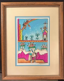 Original Hopi Artist E. Quotskuyva Pen and Watercolor Painting
