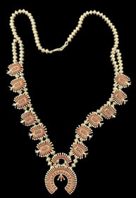 Native American Coral Petit Pointe Naja Squash Blossom Necklace