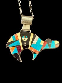 Signed J. Douglas Native American Sterling Bear Pendant Necklace