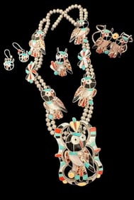 Seferino Esalio Signed Zuni Owl Squash Blossom Jewelry Set