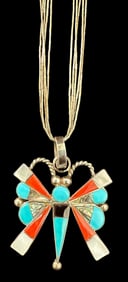Signed C.E. Native American Zuni Five Strand sterling Silver Pendant Necklace