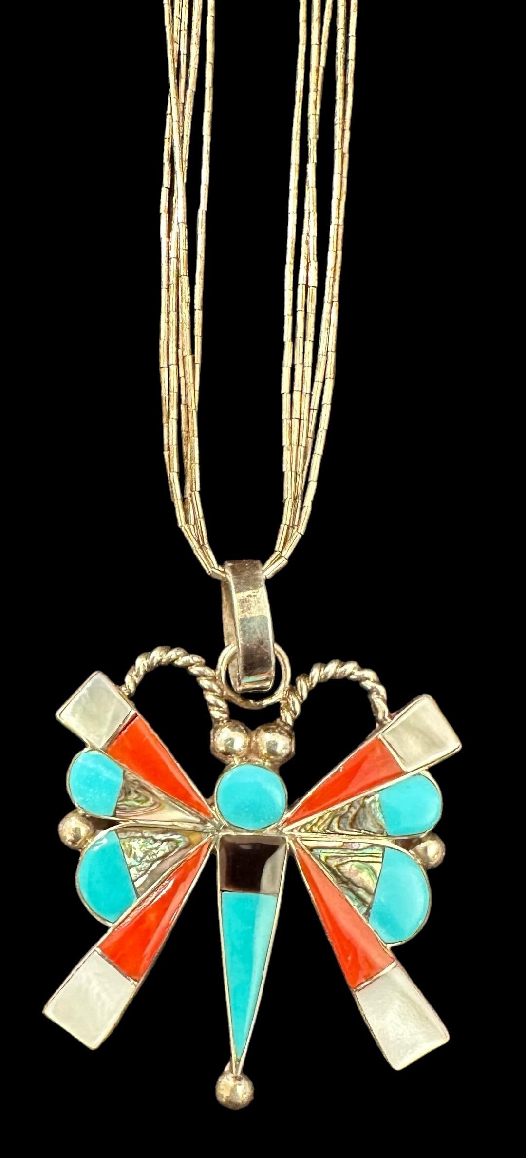 Signed C.E. Native American Zuni Five Strand sterling Silver Pendant Necklace (1 of 3)