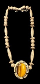 native American Signed Sterling and Tigers Eye Stone Necklace