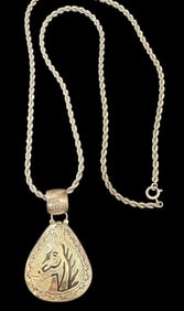 Native American Navajo Signed Bert Sterling Pendant Necklace horse.