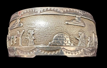 Signed HB Navajo Storyteller Sterling Cuff Bracelet
