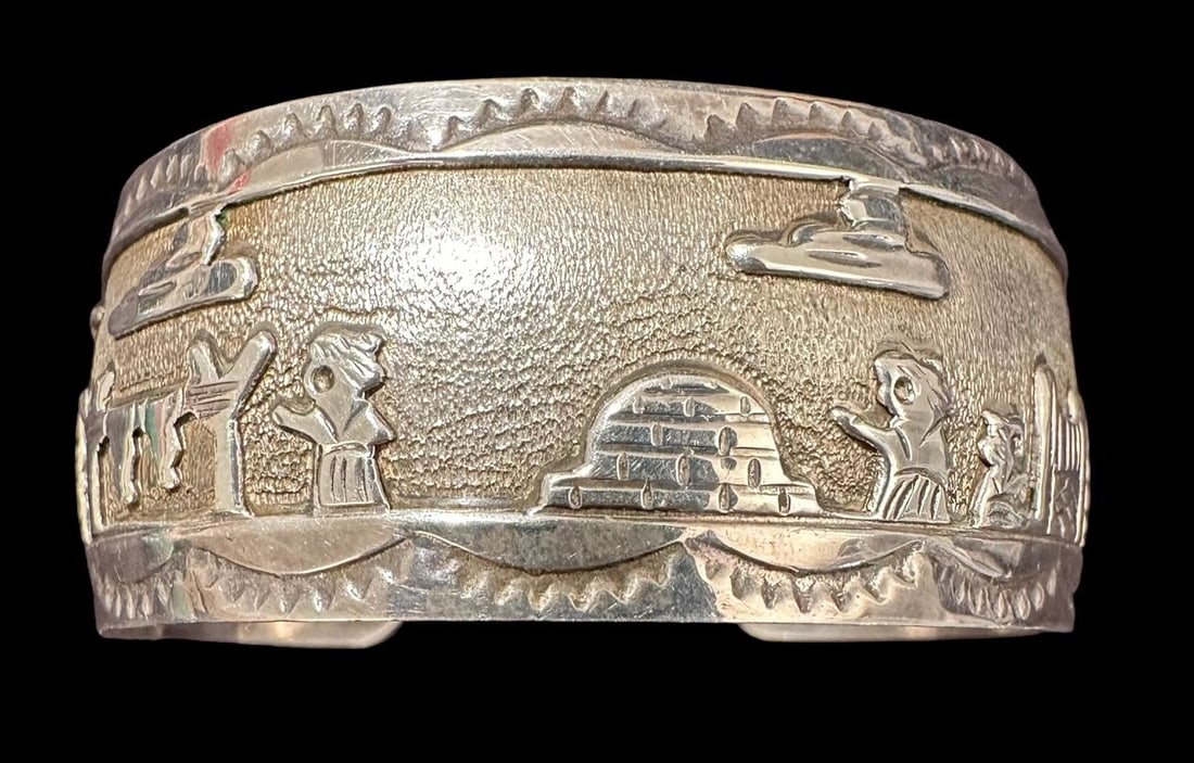 Signed HB Navajo Storyteller Sterling Cuff Bracelet (1 of 3)