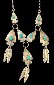 Native American Navajo Signed MB Sterling Arrowhead and Turquoise Pendant Necklace