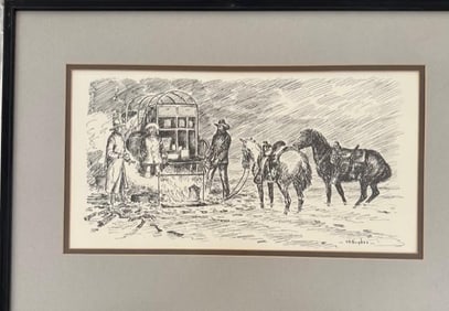 Chuckwagon Campfire Ink Drawing Signed Harold Dow Bugbee (1900-1963)