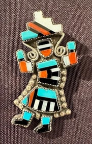 Signed B. Natachu Zuni Kokopelli Pin/Pendant Sterling silver