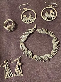 Native American Signed Kabana Sterling Wolf Earrings, Bracelet and Ring