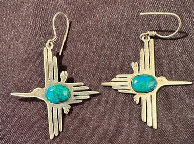 Bird Shaped Zia Symbol Sterling and Turquoise Earrings signed GV