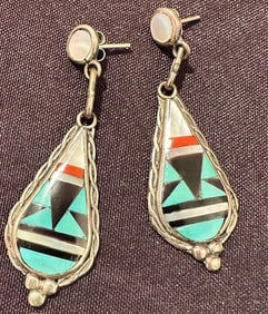 Native American Zuni Sterling and Stone inlay Earrings.