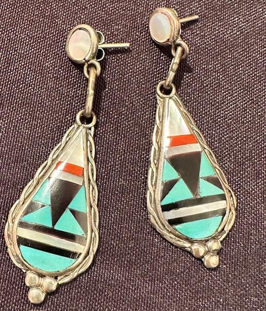 Native American Zuni Sterling and Stone inlay Earrings. (1 of 2)
