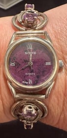 Native American Sterling Ladies Watch with Amethyst Colored Stones