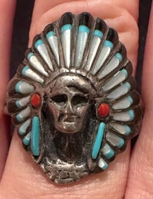 Vintage Native American Indian Chief Ring Zuni