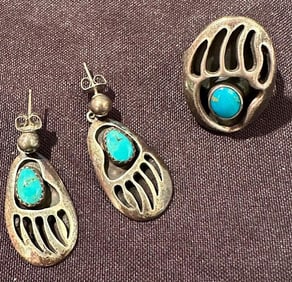 Native American Signed Bear Claw Design Earring and Ring Set
