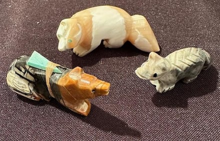 Lot of Three Hand Carved Stone Native American Animal Fetishes