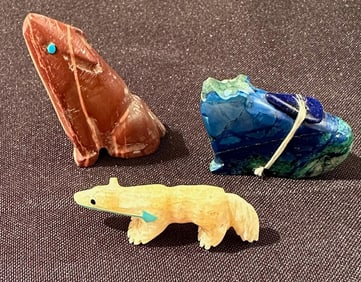 Lot of  Three Hand Carved Stone Native American Animal Fetishes