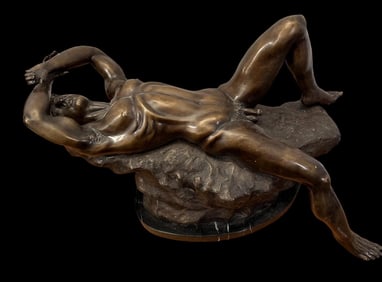 Bronze Male Nude Statue on Marble Base Detailed Piece French