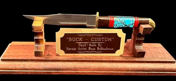 Doris Yazzie Signed Handmade Knife and Display Case  Marked Dave Yellowhorse Navajo