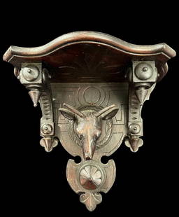 German Black Forest Carved Wall Shelf with Elk/Deer Motif: German Black Forest hand carved wall shelf. Measures 10.75" tall by 11.5" wide by 6.75" deep. Domestic shipping $30. USPS shipping cost only, no additional fees for in-house materials or handling. Int