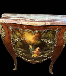 Hand Painted French Vernis Martin Commodes Marble Top Side Table: Marble top side table with two drawers and painted front. Measures 29.5" tall by 32" high with a depth of 15.5". Domestic or International shipping will be calculated at the end of the auction.