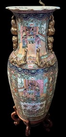 Huge Chinese Rose Medallion Temple Vase on Rosewood Stand Signed Nianquian Zhilong