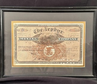 Framed Zephyr Mine Shares Issued to WH Vanderbilt 1881