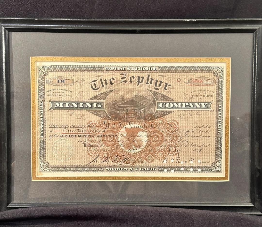 Framed Zephyr Mine Shares Issued to WH Vanderbilt 1881 (1 of 6)