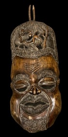 Hand Carved African Ebony Wood Mask with Detailed Images