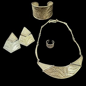 Sterling Jewelry Set Choker, Earrings, RIng and Cuff Bracelet Wheat Pattern