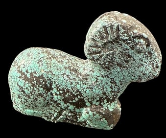 Antique Carved of Natural Chinese Mountain Spiderweb Turquoise Ram