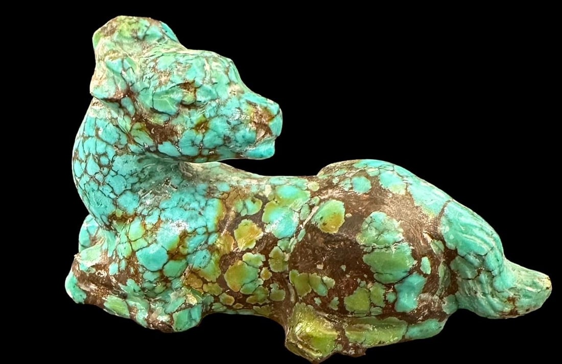 Antique Carved of Natural Chinese Mountain Spiderweb Turquoise Tiger: Antique Chinese hand carved Hubei turquoise cat/tiger. Unsigned. Measures 2.5". Domestic shipping $6. USPS shipping cost only, no additional fees for in-house materials or handling.