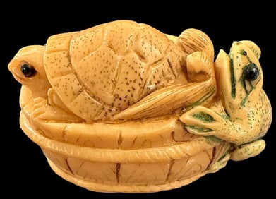 Vintage Japanese Resin Frog and Turtle in Basket Netsuke Signed