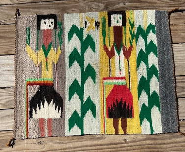 Navajo Native American Hand-Woven wool rug: Native American hand woven wall hanging with a corn and Native American person design. Measures 26" x 20". Domestic or International shipping calculated at the end of the auction. USPS shipping cost o