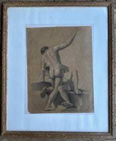 Male Nude Drawing Charcoal/Pastel French "Study of Men"