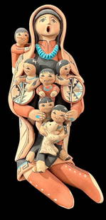 Native American Jemez Pueblo Signed Storyteller Lucero Gachopin: Native American Jemez pueblo storyteller with six babies. Nice detail. Signed Lucero Gachopin. Measures 6.5" tall. Domestic Shipping $16. USPS shipping cost only, no additional fees for in-house