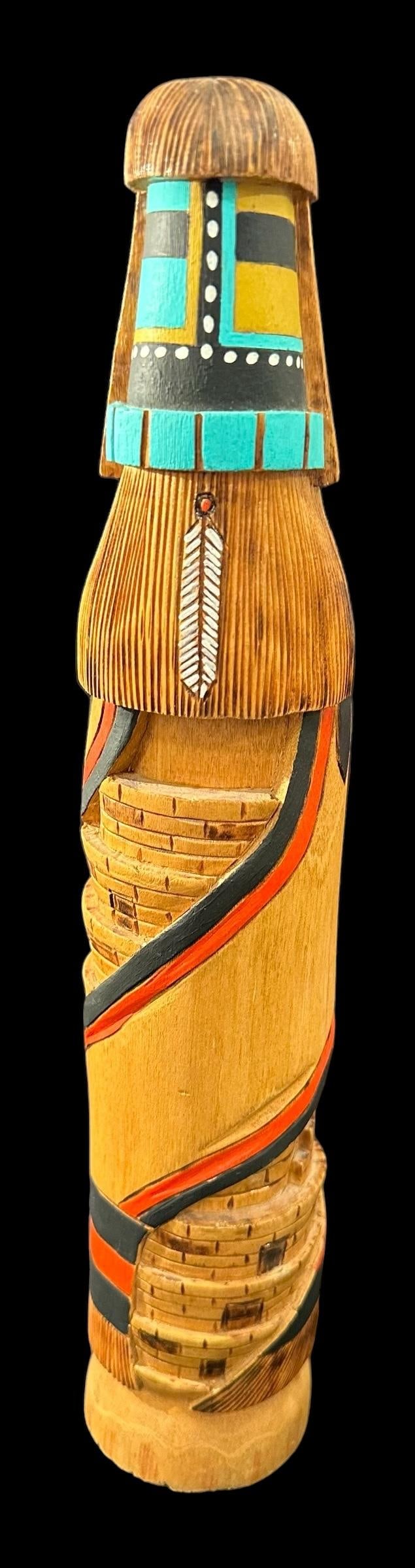 Hopi Signed Virgil Tsosie Hand Carved Cloud Woman Kachina: Native American hand carved Cloud Woman Kachina. Signed Virgil Tsosie. Carved from 1 piece of wood. Measures 13.5" tall. Domestic shipping $16. USPS shipping cost only, no additional fees for in-house