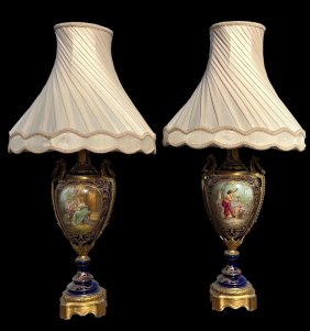 Pair of 1800's Sevres Porcelain Urn Lamps Signed E. Collot