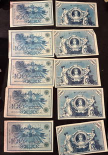 Lot of Ten German 1908 Banknotes: German 1908 banknotes. Lot of ten 100 denomination notes. Domestic shipping $8. USPS shipping cost only, no additional fees for in-house materials or handling. International shipping calculated at end