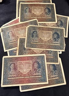 Lot of 22 Circulated Polish Currency Ca. 1920s: Lot of 22, 5000 circulated Polish currency. Polska-Krajowa-Kasa-Pozyczkowa. Ca 1920's. Series II and III. Domestic shipping $10. USPS shipping cost only, no additional fees for in-house