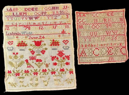 Lot of Two Student Needlepoint Samplers 1878 and 1879: Lot of two child needlepoint samplers. Dated 1878 and 1879 and made by Agnes Ramsey and Isabella Wight. Measure 13" x 10.5" and 8" x 7.5". Nice condition. Domestic shipping $8. USPS shipping cost only