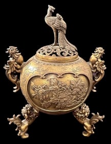 Chinese Gilded Bronze Incense Burner with Fenghuang and Feng Shui Pixiu Fly Beasts