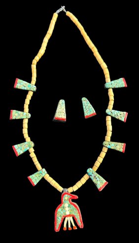 Antique Santo Domingo Kewa Necklace and Earring Set Thunderbird