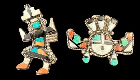 Zuni Bent Man and Sunface Pins Lot of Two